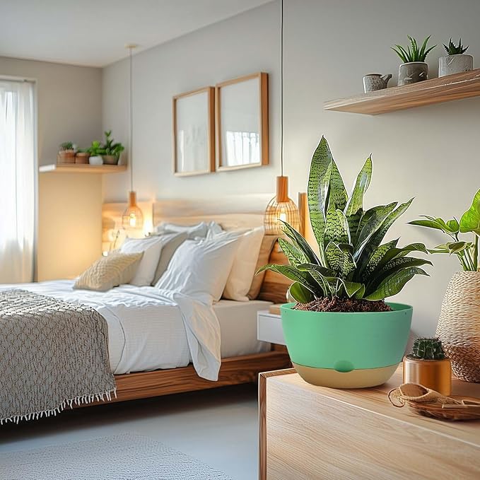 8 Inch Pots for Indoor Plants, Self Watering Planters with Drainage and Saucers, Plastic Outdoor Flower Pot, Set of 2, Green