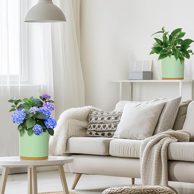 8 Inch Medium Flower Pots for Indoor Outdoor Plants, Cylinder Deep Plant Pots with Drainage Holes & Saucer, Decorative Plastic Planter Pots for Garden House Plants, Green with Brown