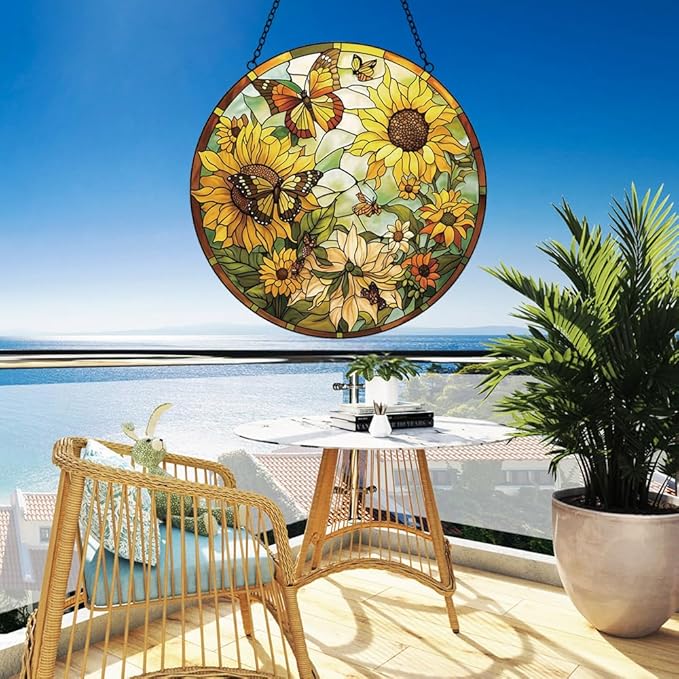 Sunflower Decor Suncatcher Stained Glass Window Hanging - Butterfly Stained Glass Suncatchers for Windows - Sun Catchers Indoor Window with Chain and Hook - Sunflower Gifts for Women Mom Teacher Gift