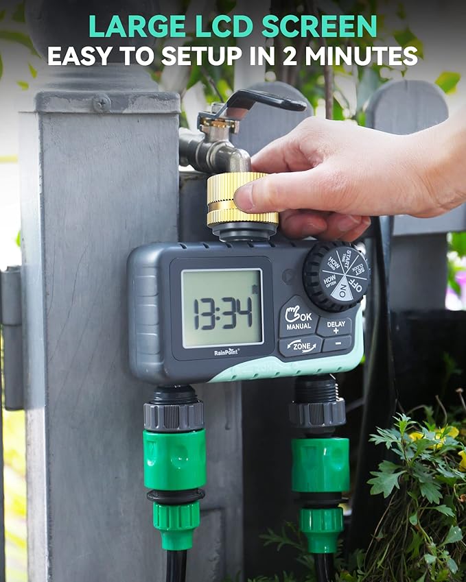 RAINPOINT Water Timer for Garden Hose - Sprinkler Timer with Brass Swivel - Rain Delay/Manual Watering/Automatic Irrigation Controller System Hose Timer Programmable Faucet Timer for Yard, 2 Outlet