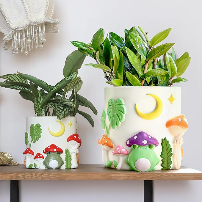GUGUGO 8 Inch Colorful Frog Garden Planters Cute Unique Rainbow Planter with Drainage, Vintage Retro Mushroom Flower Plant pots for Indoor Plants, Eclectic Succulent Gardening Pot for Home Décor-B