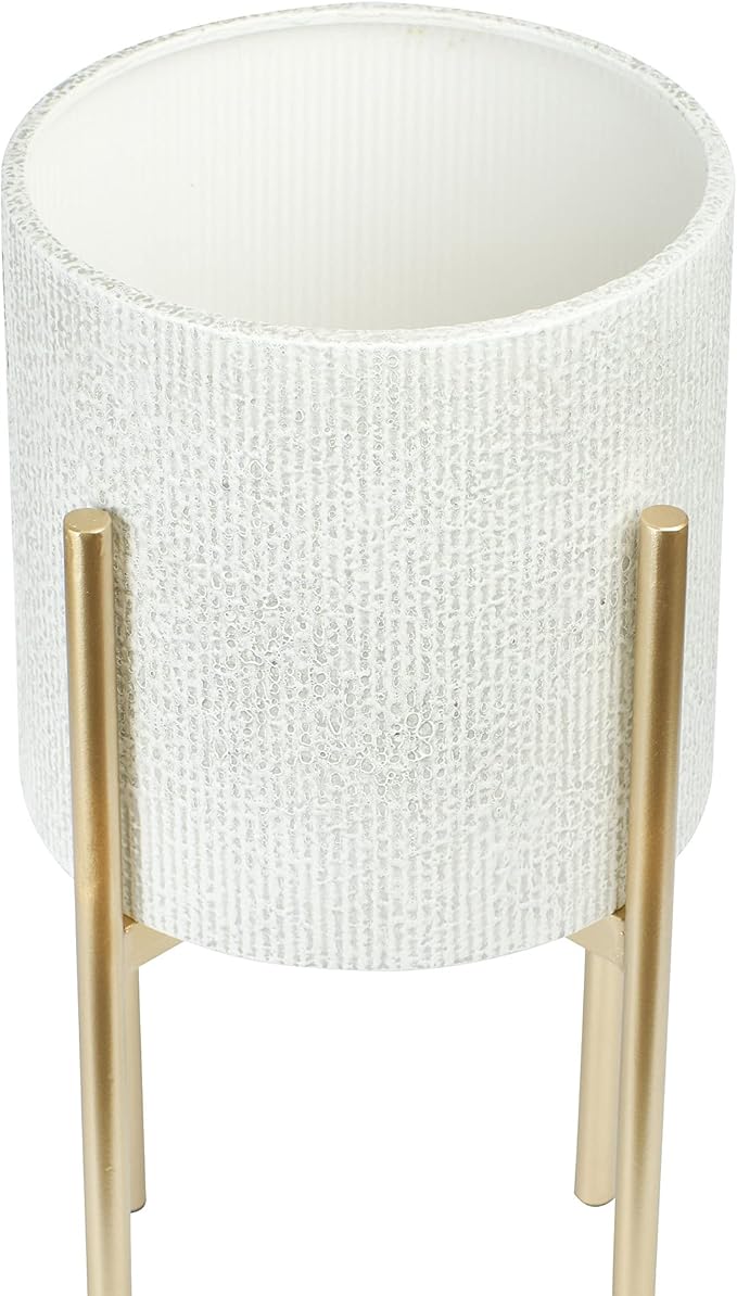 Main + Mesa Modern Boho Embossed Metal Planters with Stands, White and Gold, Set of 2 Sizes