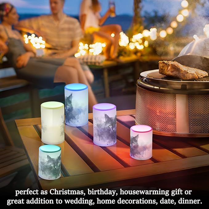 Flickering Flameless Candles, Black Cat Print LED Candles with Remote Timer, Set of 2 Battery Operated Candle for Valentine Wedding Birthday