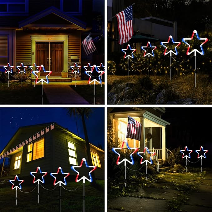 4th of July Decorations Red White and Blue Light, 4PCS Big LED Neon Star Pathway Lights Outdoor, Patriotic Garden Stake Lights with 8 Modes Waterproof for Independence Day Yard Lawn Decor