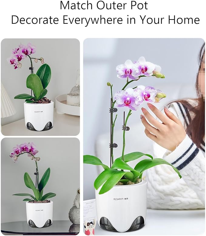 5 inch Orchid Pots with Holes for Repotting,Set of 2,Double Layer Plastic Imitate Ceramic Orchid Planter Provide Good Air Circulation,Clear Orchid Pot Match Decorative Orchid Container
