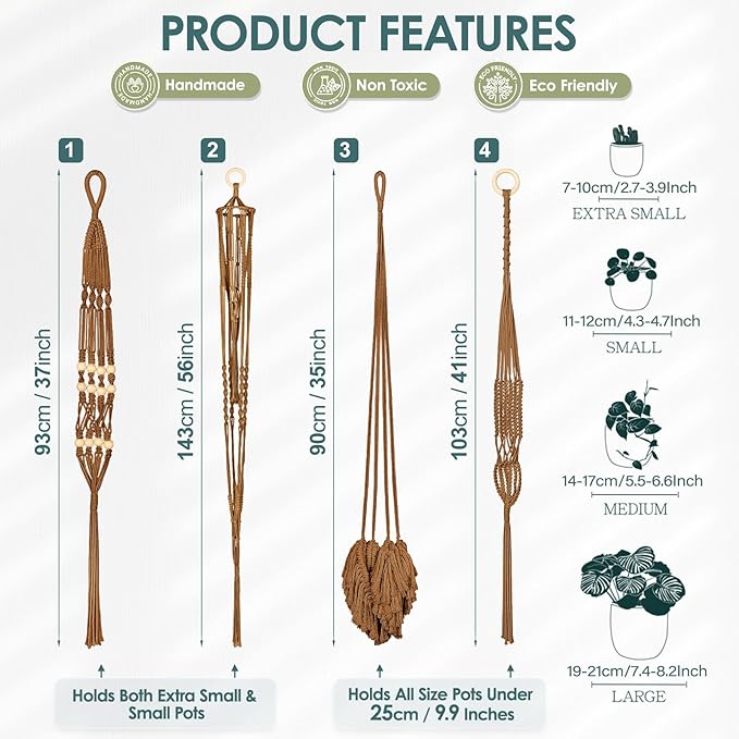 ANROYE Macrame Plant Hanger for Indoor Set of 4, Bohemian Hanging Planter with Tassels for Flower Pot, Boho Decorative Houseplant Rope Holder for Home Decor Bedroom Window Farmhouse