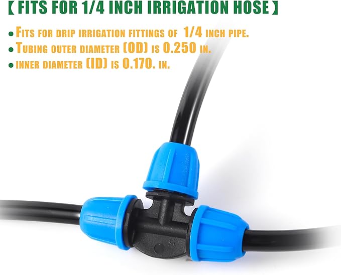 1/4 inch Drip Irrigation Fittings, Lock Barbed Tee for ¼ in. Tubing; Tubing Outside Diameter (OD) is 0.250 in., Internal Diameter (ID) is 0.170. in.(25Pcs/Pack) (Blue-3Way)