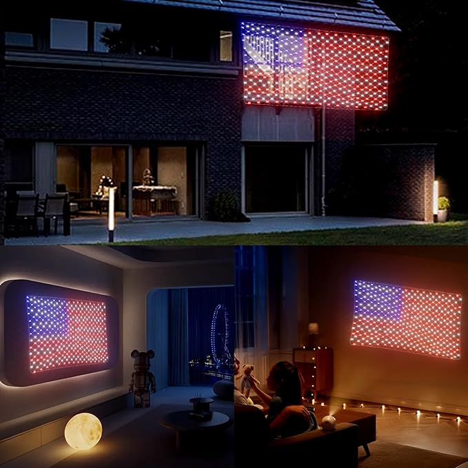 Leisure world 384 LED American Flag Net Lights for Outdoors, 6.6 FT x 3.3 FT Light Up American Flag, American Led Flag Patriotic Lights for Camper, Yard, Garden Memorial Day, Christmas Decorations