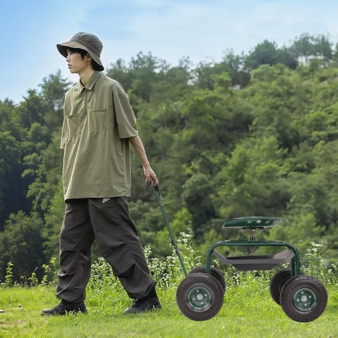 BDL Garden Cart Outdoor Rolling Garden Workseat with Wheels, Heavy Duty Garden Tool Cart with Extendable Handle and Storage for Seniors Yard Gardening Work