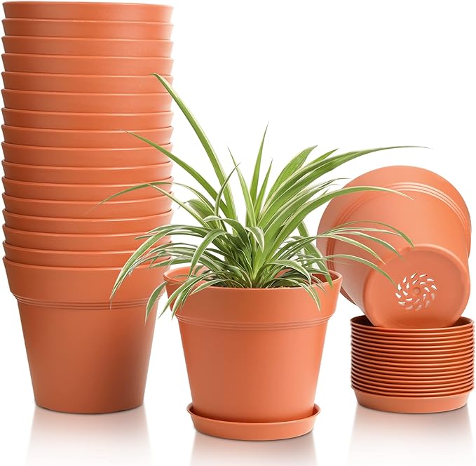 T4U 6 Inch Flower Pots 18-Pack - Small Plastic Planter with Drainage Hole and Saucer, Decorative Nursery Plant Pot Bulk for African Violet, Aloe and All House Plants Indoor (Terracotta)