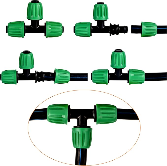 Drip Irrigation Tee Fittings Connectors For 1/2 inch Drip Tubing, Locking Caps Barbed Drip Fittings, Fit OD 0.60"- OD 0.65" Drip Line Tee For Garden Irrigation System-12 Pcs/pack