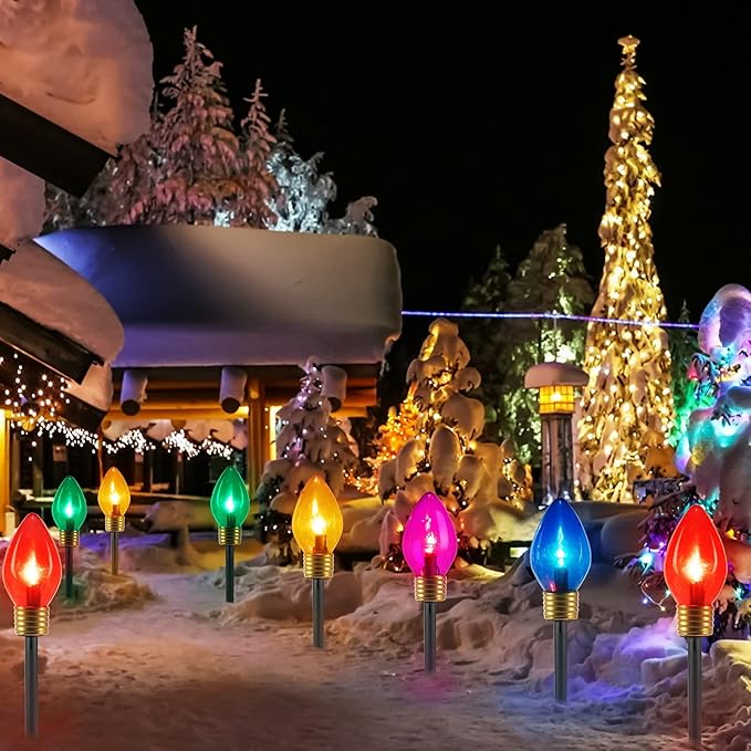 Christmas Lights Jumbo C9 Outdoor Lawn Decorations with Pathway Marker Stakes, 8.5ft C7 Lights Covered Jumbo Glitter Multicolor Bulb for Holiday Outside Yard Garden Decor, 5 Lights