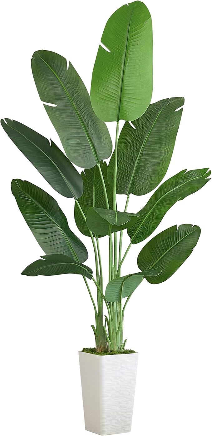 Lifelike Bird of Paradise Silk Artificial Plant Faux Banana Leaf Tree for Home Decor - Perfect Indoor Floor Plant with 9 Trunks (1, White Tall Planter, 6.6 FT)