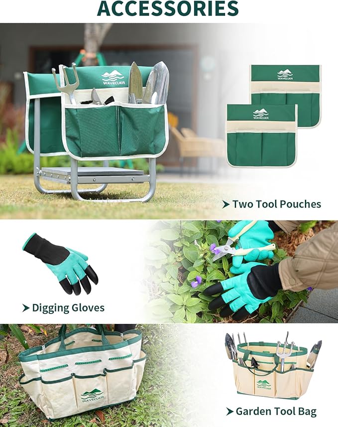 Garden Kneeler and Seat, Foldable Garden Stool 10.2" Width, Heavy Duty Knee Seat for Gardening with 2 Tool Pouches & Gloves, Gardening Accessories for Women, Grandparents, Seniors (Green)