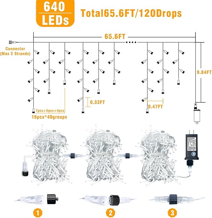 66ft Icicle Lights for Outside, Red and Green Christmas Lights Outdoor Indoor, 640 LED Twinkle String Lights with 120 Drops, Clear Wire Short Curtain Lights for Thanksgiving Room Home Wall Bedroom