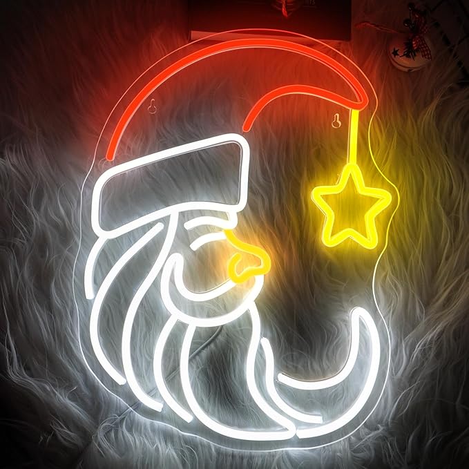 Moon Christmas Santa Neon Sign,Cute Anime Neon Light,Moon Star Neon Sign for Wall Decor,Red Christmas Hat USB Neon Light Sign for Party Store Living Room Bar Door Kids Bedroom Christmas Gift