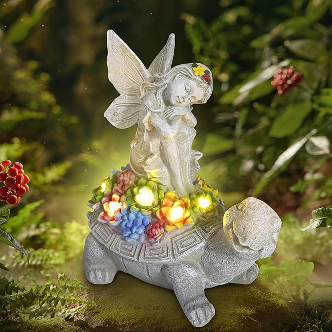 Choies Solar Angel Garden Statue Outdoor,Little Angel Sitting on Turtle Garden Sculpture for Outside,Angels Figurines Gifts for Women,Mom,Angel Outdoor Decoration for Home,Garden,Patio,Yard