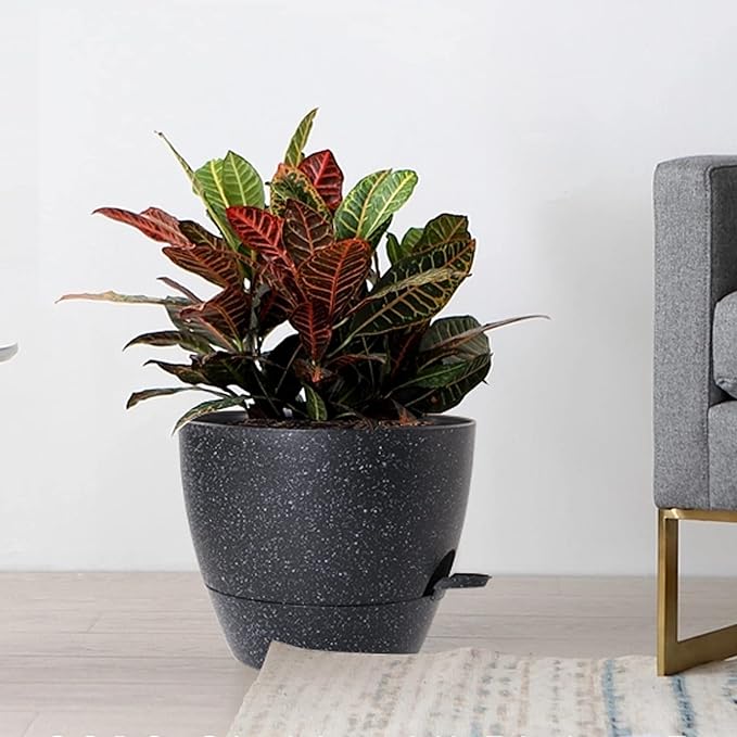 10/9/8 inch Self Watering Pots, Set of 3 Plastic Planters with Mesh Drainage Holes and Deep Reservoir for Indoor Outdoor Garden Plants and Flowers, Black Speckles