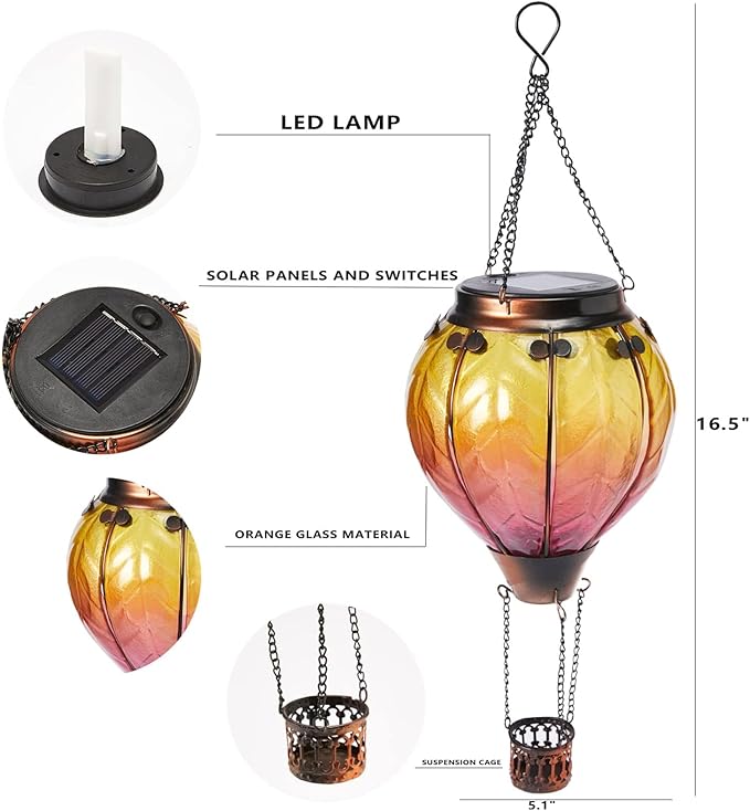 pearlstar Hot Air Balloon Solar Lantern with Flickering Flame Light Outdoor Solar Hanging Lights Waterproof for Garden Yard Farmhouse Patio Outside Decoration, Stained Glass Gradient Orange