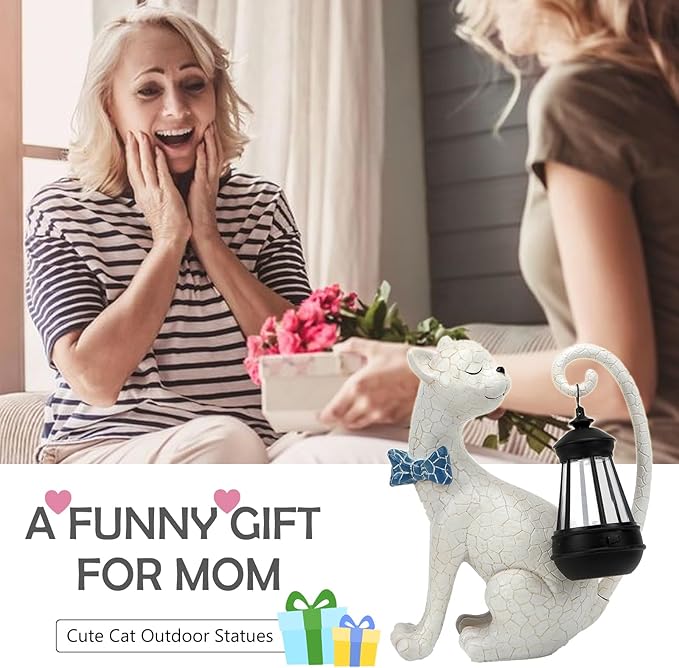Solar Outdoor Garden Statues Light Clearance,Cute White Cat Figurines Garden Sculpture Decor, Unique for Women, Men or Daughter, Housewarming Gifts and Yard Decoration
