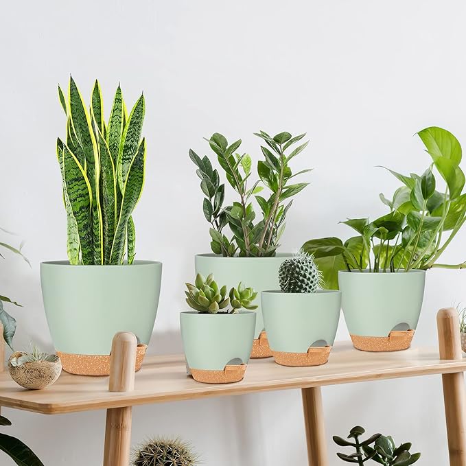 GARDIFE Plant Pots 7/6.5/6/5.5/5 Inch Self Watering Planters with Drainage Hole, Plastic Flower Pots, Planters for Indoor Plants, Succulents,Snake Plant, African Violet, Flowers,Green