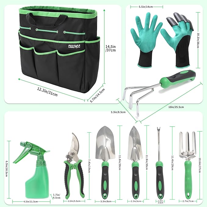 Garden Tool Set with Bag and Gloves, Heavy Duty Stainless Steel Gardening Tool Set, Ideal Gardening for Women and Men, Set of 9