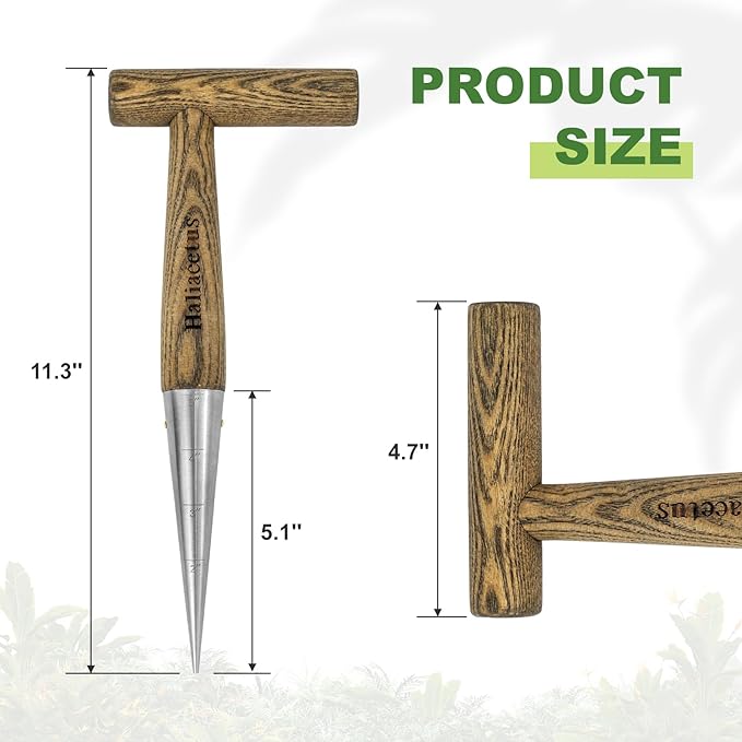 2024 New Upgrade Hand Dibber with 5 inches Measuring Scale, Easy to Grip L-Shaped Wood Handle Dibbler, Stamped Stainless Steel Tip Seed Dibber, 11.3'' Dibber for Sowing Seeds and Planting Seedlings
