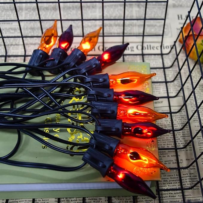 12.8Ft Halloween Decorations - Indoor/Outdoor Flickering Flame String Lights, Orange & Purple, 12 Pack C7 Flame Lights Bulbs