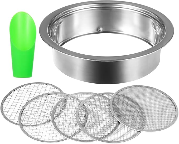Soil Sieve Set, Garden Soil Sifter Kit, Stainless Steel Mesh Sifting Pan with 5 Sizes Sieve Meshes (0.04"-0.48") & Bonsai Soil Scoop, Garden Potting Sieve Set for Dirt, Compost