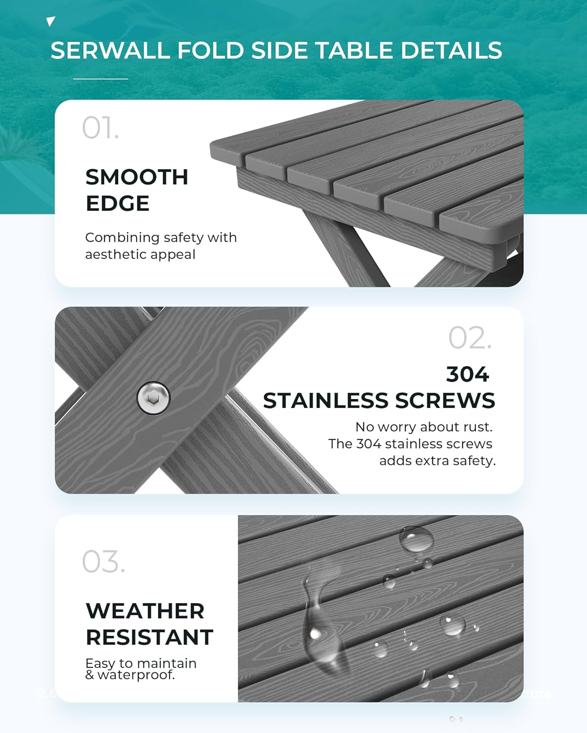 SERWALL Small Folding Side Table, HDPE Outdoor End Table for Patio, Porch, Deck, Pool, Gray