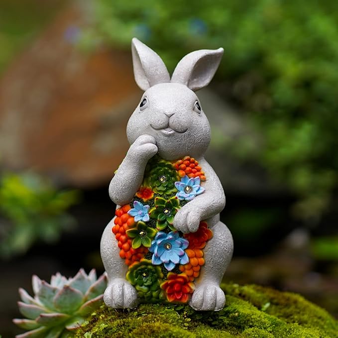 Nacome Solar Garden Outdoor Statues Bunny with Succulent and 7 LED Lights – Lawn Decor for Patio, Balcony, Yard Ornament - Unique Housewarming Gifts