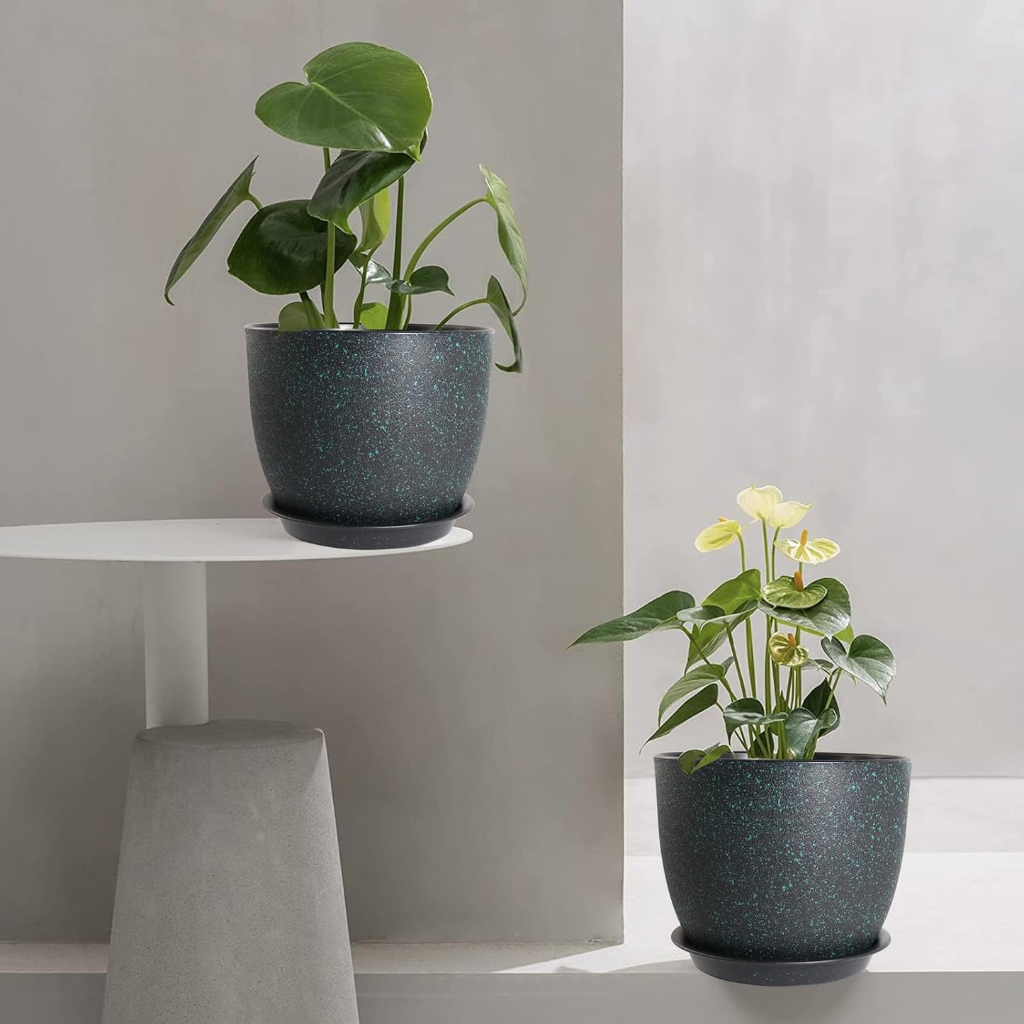 Modern Plant Pots Set, 9/8/7.5 inch Plastic Planters for Indoor Plants, Stylish Flower Pots with Drainage Holes and Saucers for House Plants and Flowers, Black with Green Speckles
