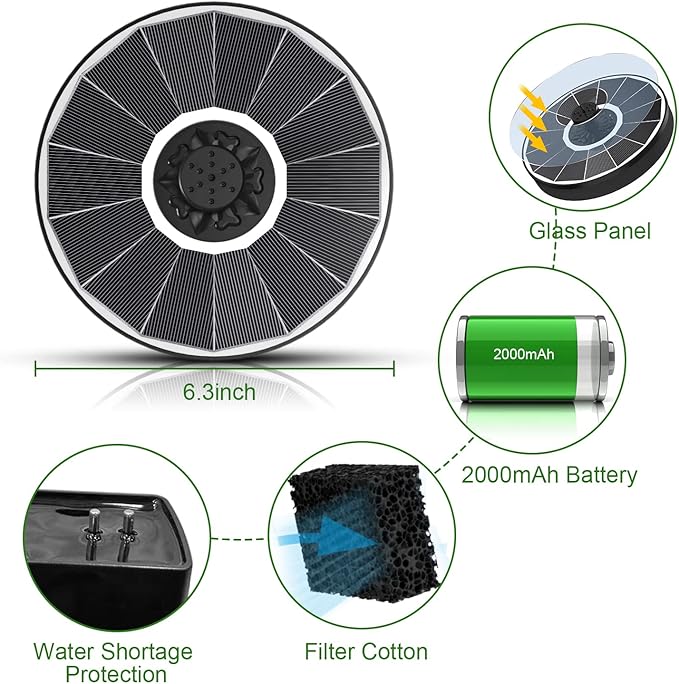 Solar Fountain Pump with 2000 mAh Battery Backup Works in Shade, 3.5 W Glass Solar Powered Water Fountain with 7 Nozzles, Floating Solar Fountain for BirdBath, Garden, Outdoor, Patio-White