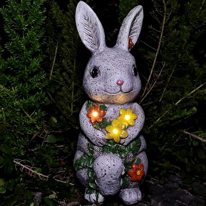 Solar Easter Rabbit Statue - Rock-Like Design with Flower Lamp Beads Woman Gifts Resin Easter Bunny Sculpture for Indoor and Outdoor Statue Decor, Garden Decoration