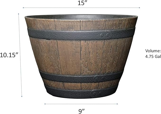 Classic Home and Garden Whiskey Plastic Resin Flower Pot Barrel Planter, Walnut Brown, 15"
