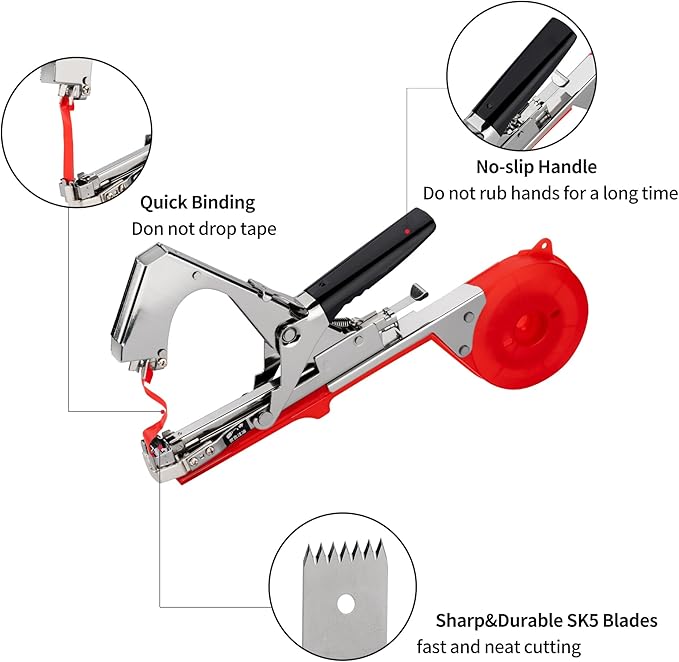 Plant Tying Machine, Garden Tapetool Tapener,Vines Plant Tying Tool for Grapes,Tomatoes,Peppers,Indoor Plant with 10 Rolls of Tape,10000 Staples,1 Replacement Part, Red