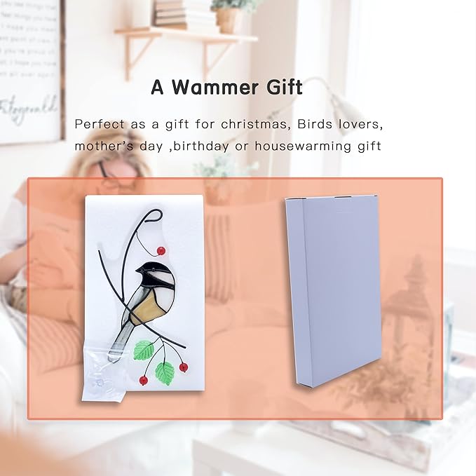 Lolitarcrafts Chickadee Stained Glass Suncatcher Bird Stained Glass Window Hangings for Window Decoration