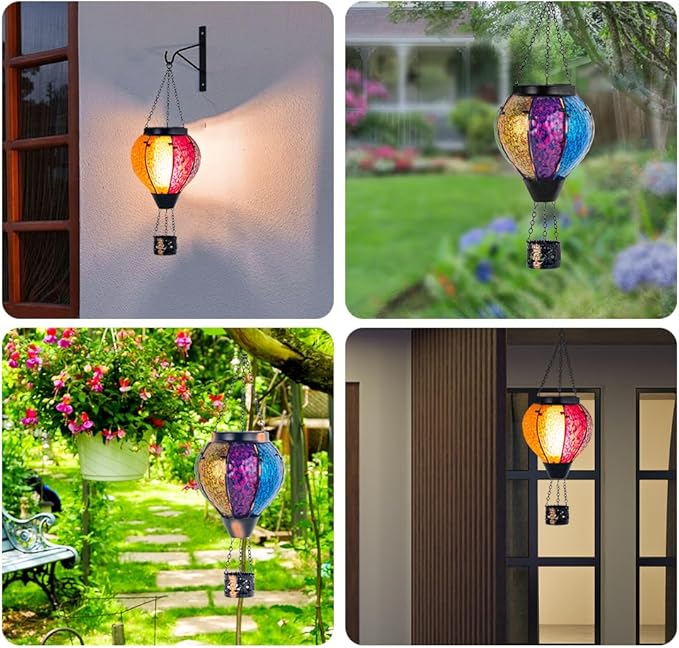 Solar Hot Air Balloon Outdoor Lantern with Flickering Flame, Handmade Glass Hanging Outdoor Lantern Waterproof Decorative Lantern Lamp for Patio, Garden, Porch (Colorful)