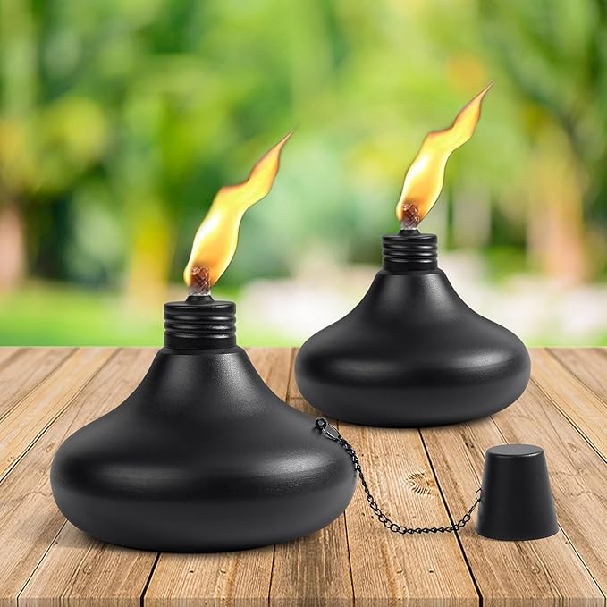 Upgraded Tabletop Torches Set of 2, 24oz Citronella Candles for Outdoor, Metal Table Top Torches for Outside, Refillable Torch Lanterns for Patio, Yard, Deck, Garden, Party