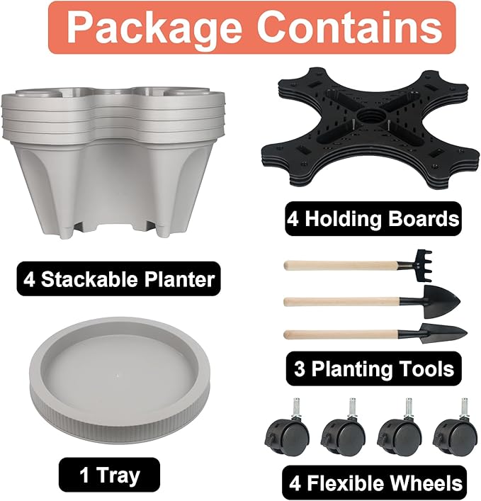 Vertical Planter 4 Tier Stackable Planters Garden Planters Strawberry Herb Flower and Vegetable Planter Indoor Outdoor Gardening Pots with Removable Wheels and Tools