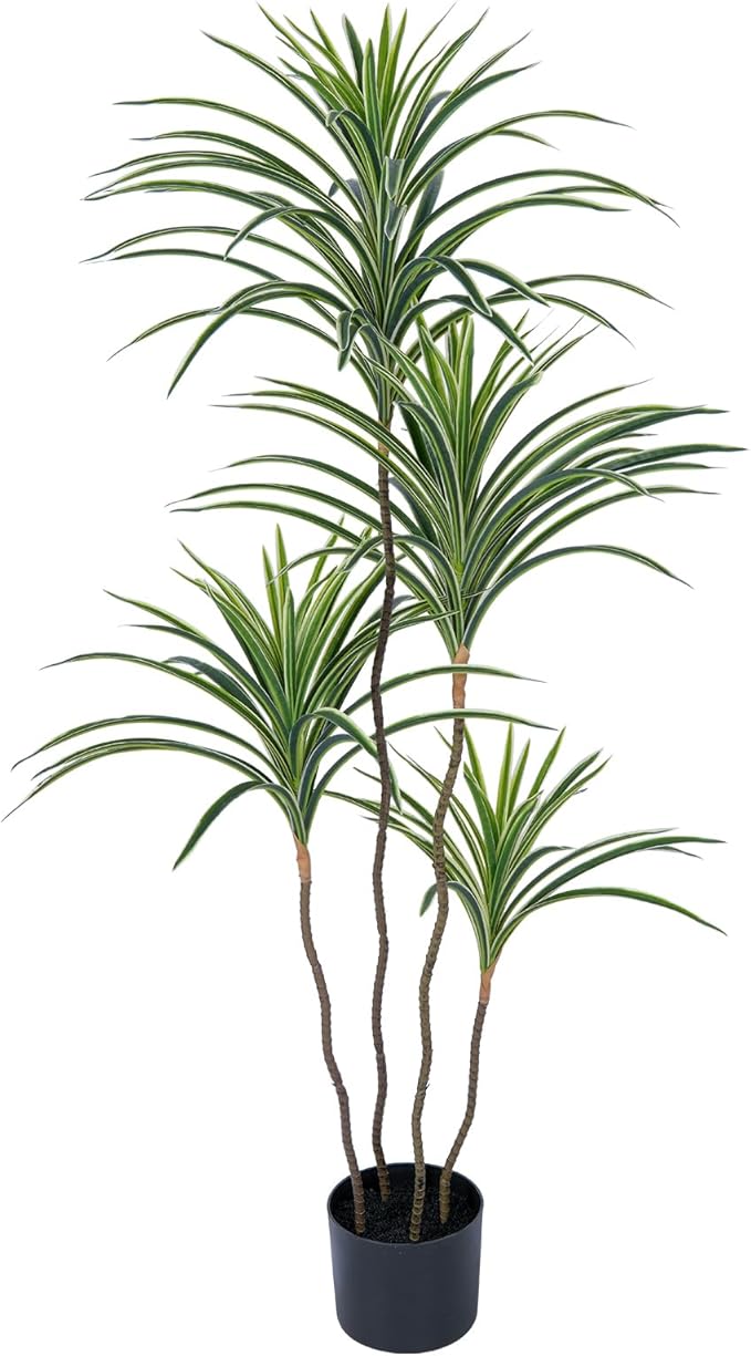 Artificial Dracaena Plants Indoor, 4 ft Faux Tropical Floor Plants Indoor, Tall Fake Yucca Silk Tree in Pot, Artificial Trees for Home Office Decor Indoor Outdoor Housewarming Gift