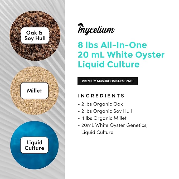 Mycelium’s White Oyster Gourmet Mushroom Kit | 8LBS Oak & Soy Hull with Millet Blend | 20ML Liquid Culture Syringe | All-in-One Complete Cultivation Kit | Pre-Sterilized - Home Growing Made Easy