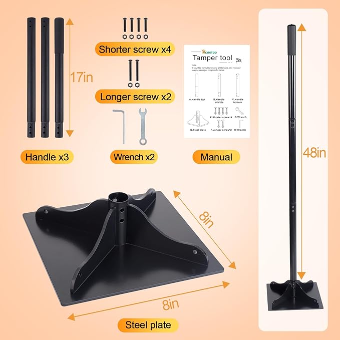 Heavy-Duty Steel Tamper, 8x8 Inch Hand Soil Tamper Garden Landscaping Tool for Ground & Gravel Leveling Dirt Compactor - Ergonomic Tamper Design, 48 Inches Total