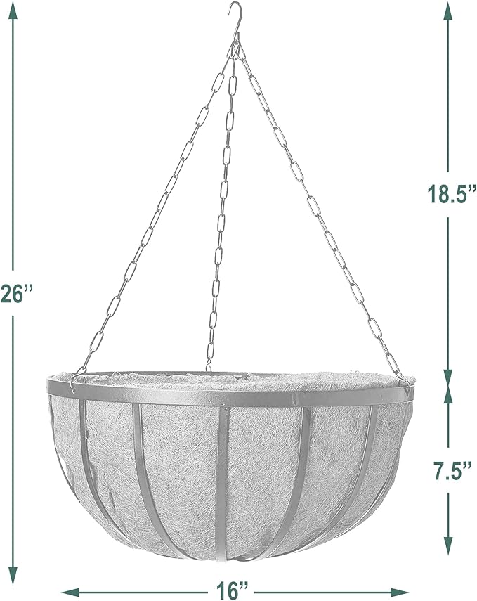 Arcadia Garden Products Round Planter, 16-Inch 1592 Solstice Series Coconut Hanging Basket, Black