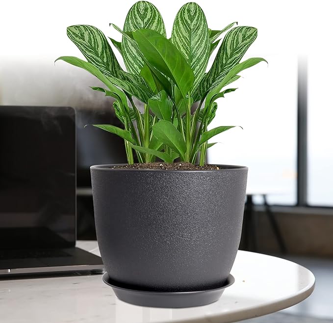 12/10/9 Large Modern Plant Pots, Plastic Planters with Drainage Holes and Saucers for Indoor Outdoor Plants Flowers, Black