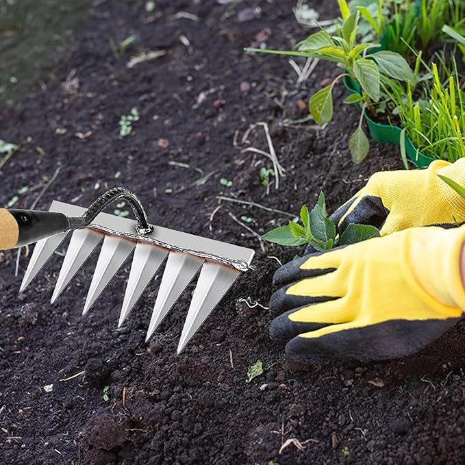 Iron Rake for Gardening and Weeding - Heavy Duty Garden Tool, Carbon Steel Hand Rake for Sturdy Dethatching, Heavy Duty Rake 6 Toothed Steel (Without Stick)