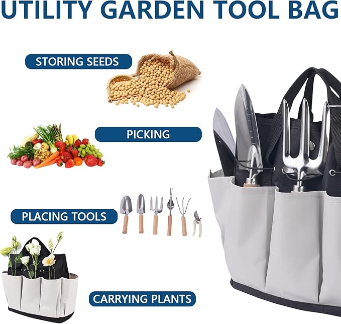 Garden Tool Set, Stainless Steel Gardening Kit, with Large Capacity Garden Tool Bag, Outdoor Hand Tools, Black Grey Garden Tool Kit for Women and Men