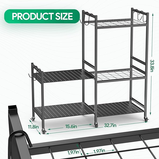 Garden Tool Organizer for Garage,Yard Tool Holder with Wheels,Multifunctional Tool Storage Rack with 5 Hooks,for Garden Shed Garage Yard Basement Lawn,Up to 35 Long-Handled Tools,Black