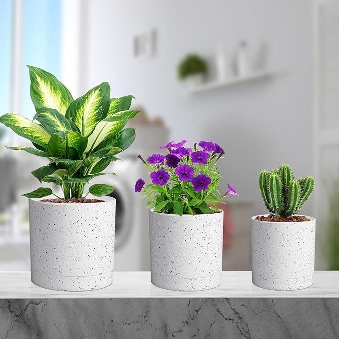 6/5/4 inch Plant Pots, 3 Pack Cylinder Flower Pots for Small Indoor Outdoor Plants, Plastic Planters with Drainage Holes and Saucers for Garden Succulent House Plants, Speckled White