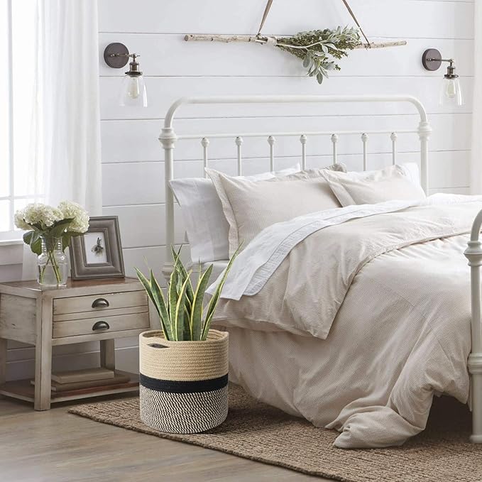 TIMEYARD Sturdy Jute Rope Plant Basket Modern Woven Basket for 10" Flower Pot Floor Indoor Planters, 11” x 11” Storage Organizer Basket Rustic Home Decor, Black and Beige Stripes